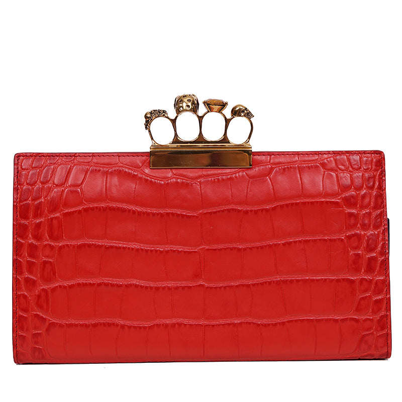 NEW $2390 ALEXANDER MCQUEEN Scarlett Red GOLD JEWELED KNUCKLE 4 Ring SKULL BAG