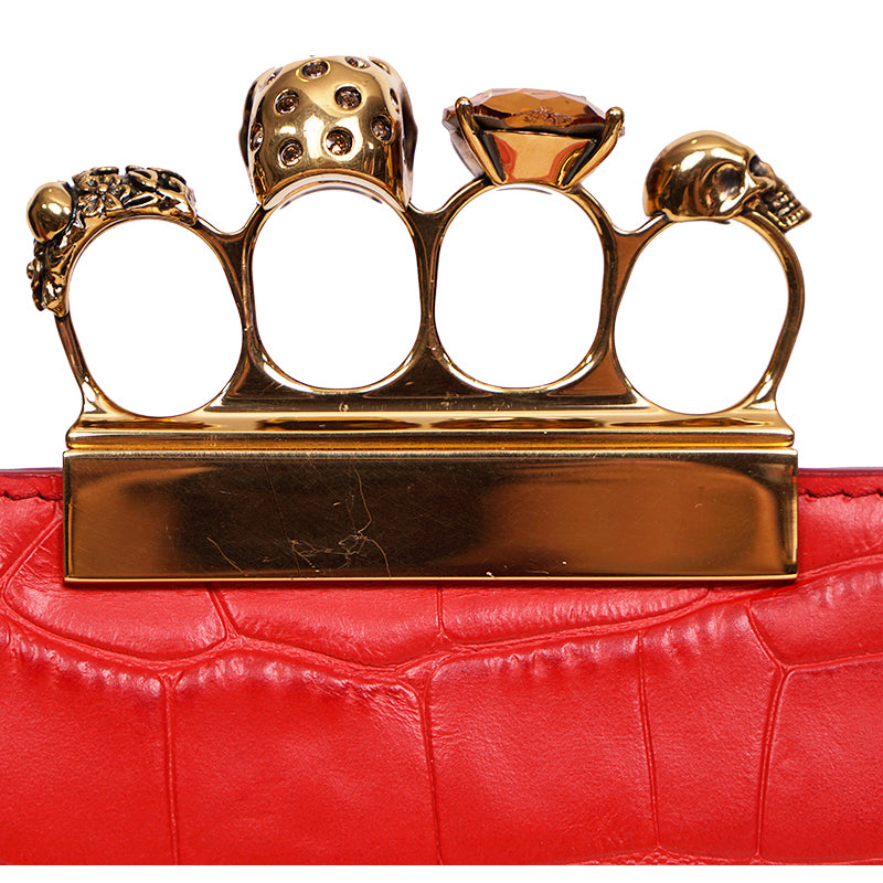 NEW $2390 ALEXANDER MCQUEEN Scarlett Red GOLD JEWELED KNUCKLE 4 Ring SKULL BAG