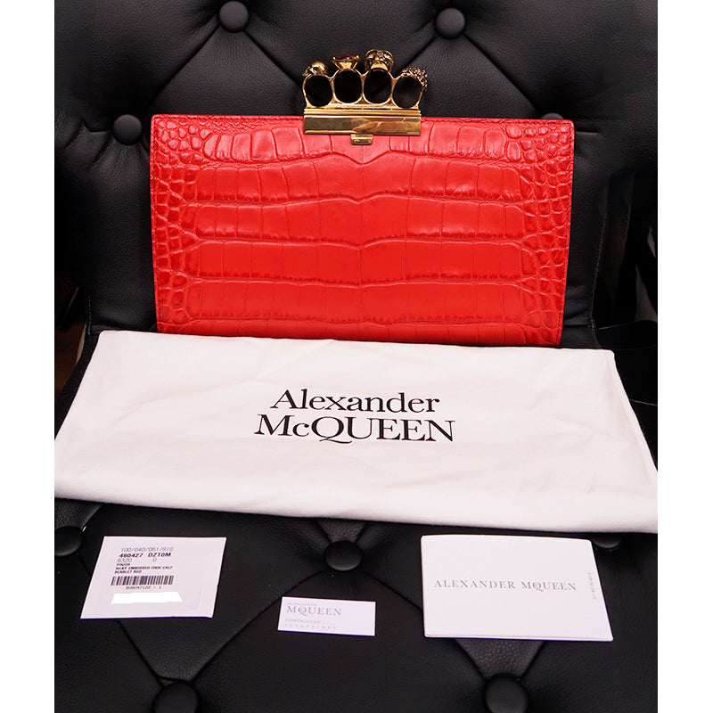 NEW $2390 ALEXANDER MCQUEEN Scarlett Red GOLD JEWELED KNUCKLE 4 Ring SKULL BAG