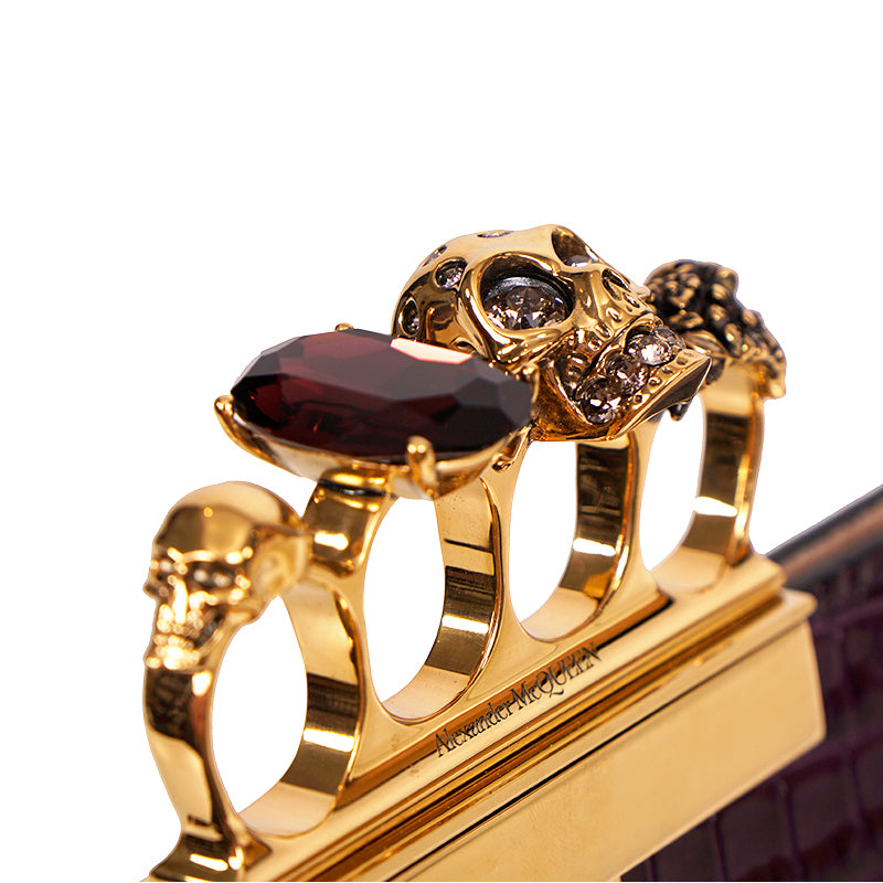 NEW $2090 ALEXANDER MCQUEEN Red-Purple GOLD JEWELED KNUCKLE 4 Ring SKULL BAG NIB
