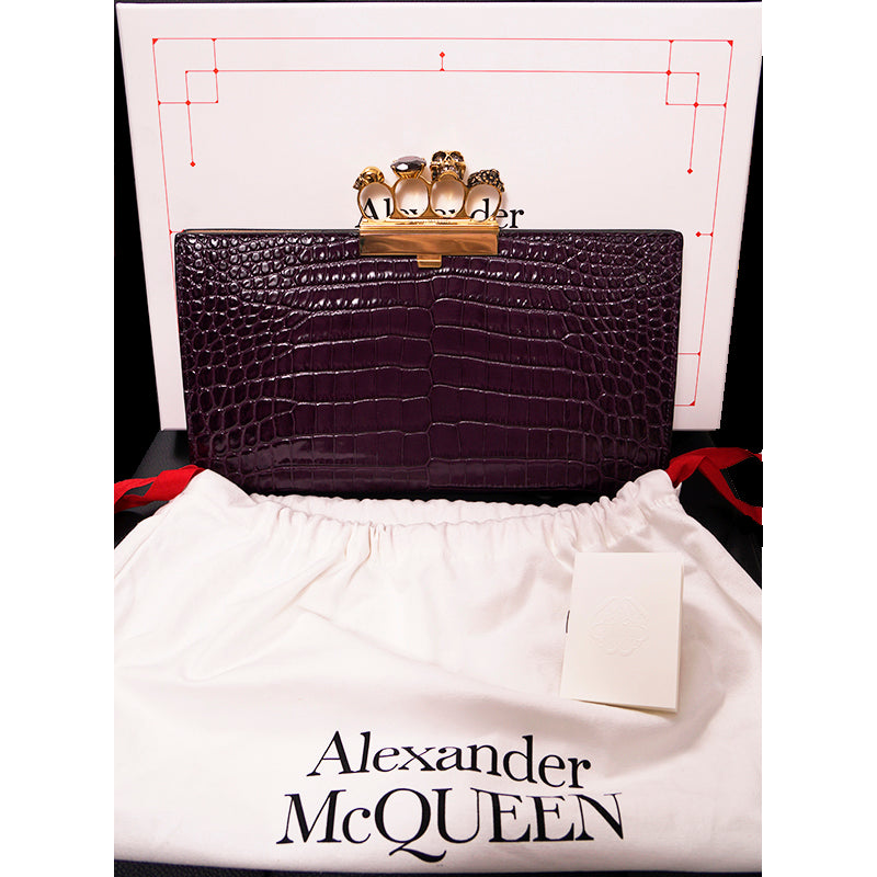 NEW $2090 ALEXANDER MCQUEEN Red-Purple GOLD JEWELED KNUCKLE 4 Ring SKULL BAG NIB