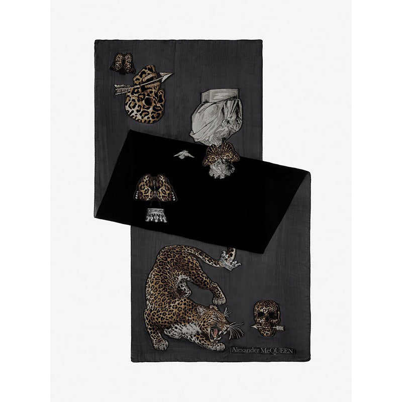 NEW $455 ALEXANDER MCQUEEN Black Sheer REGAL LEOPARD SKULL 70" Long STOLE SCARF