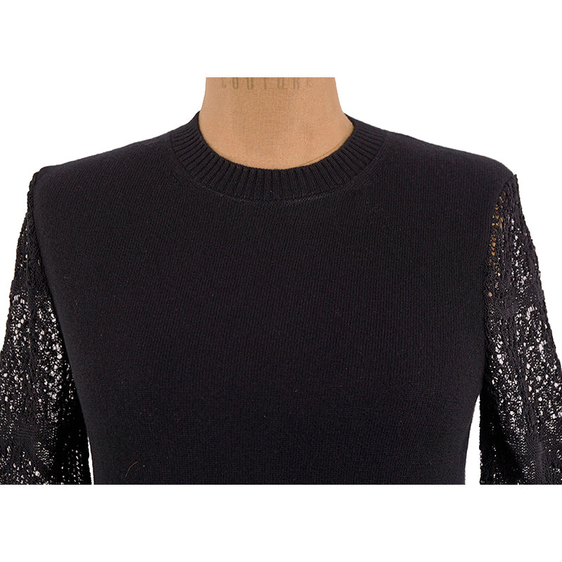 SZ S NEW $990 ALEXANDER MCQUEEN Black LACE FLARED SLEEVE Wool Crew Neck SWEATER