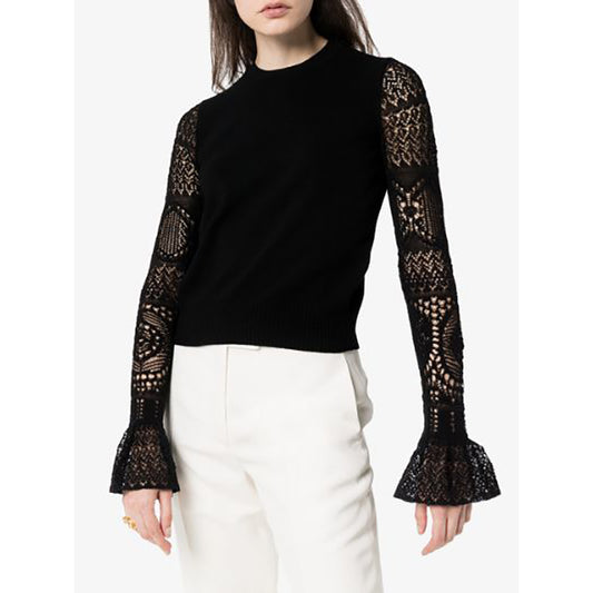 SZ S NEW $990 ALEXANDER MCQUEEN Black LACE FLARED SLEEVE Wool Crew Neck SWEATER