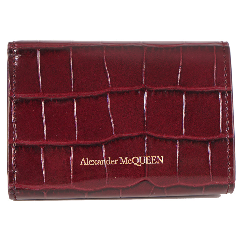 NEW $690 ALEXANDER MCQUEEN Bordeaux Red GOLD SKULL Croc-Embossed Leather WALLET