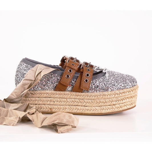 sz 41 NEW $945 MIU MIU Glitter Lace-Up Espadrille PLATFORM BALLET FLATS