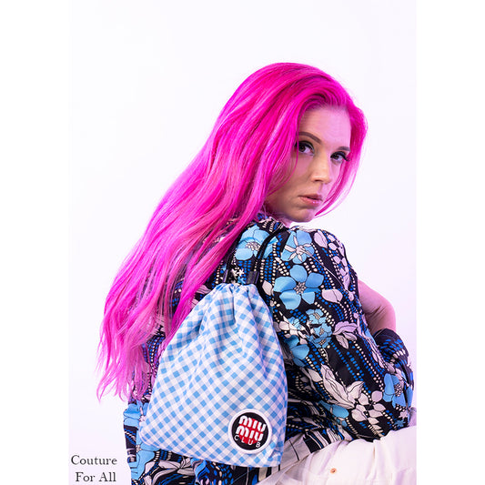 NEW MIU MIU Blue White Gingham CLUB LOGO PATCH Drawstring Small Travel POUCH BAG