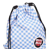 NEW $380 MIU MIU CLUB LOGO PATCH Blue White Gingham Drawstring Small POUCH BAG