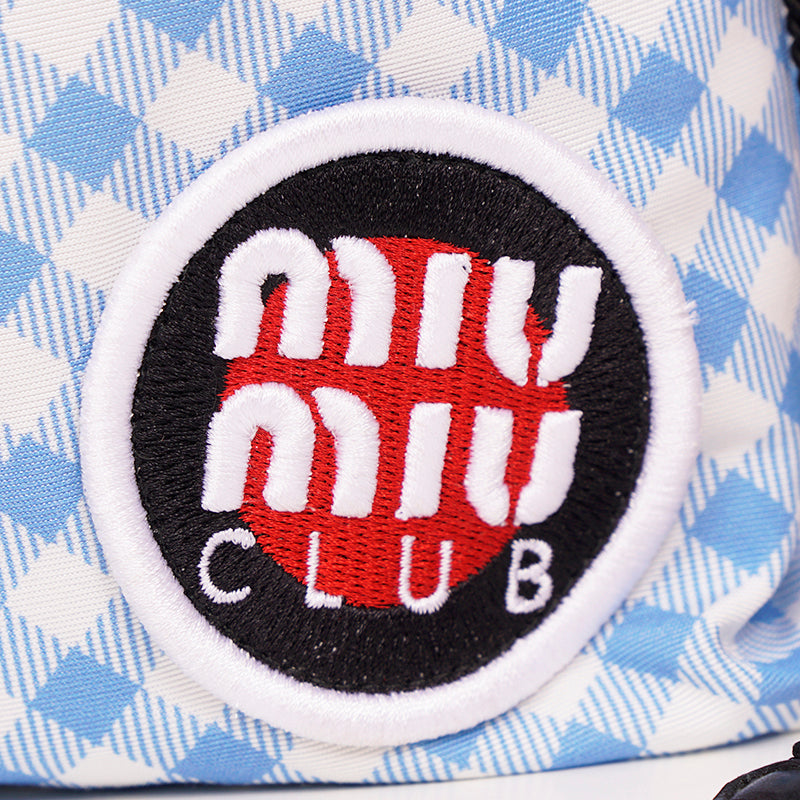 NEW $380 MIU MIU CLUB LOGO PATCH Blue White Gingham Drawstring Small POUCH BAG