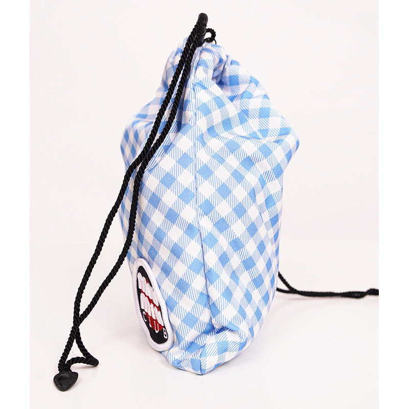NEW MIU MIU Blue White Gingham CLUB LOGO PATCH Drawstring Small Travel POUCH BAG
