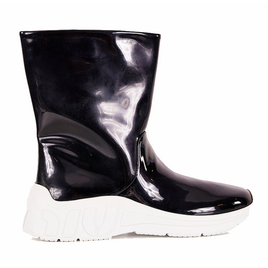 37.5 NEW $1100 MIU MIU Black Fx Patent LOGO HEEL Pull On RETRO LOGO RAIN BOOTS