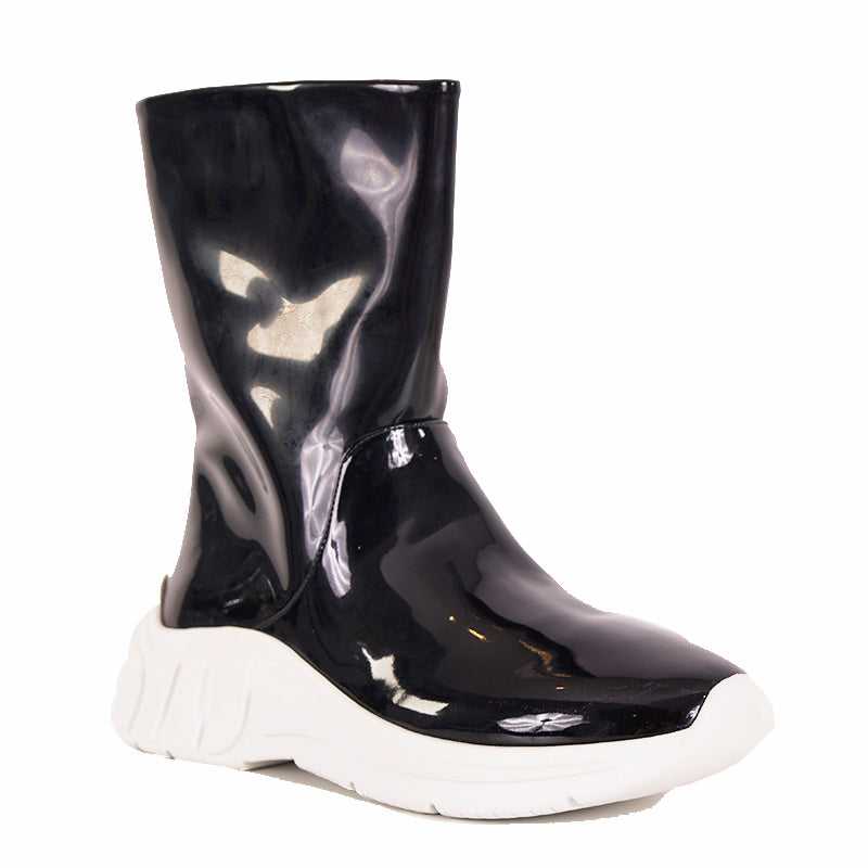 37.5 NEW $1100 MIU MIU Black Fx Patent LOGO HEEL Pull On RETRO LOGO RAIN BOOTS