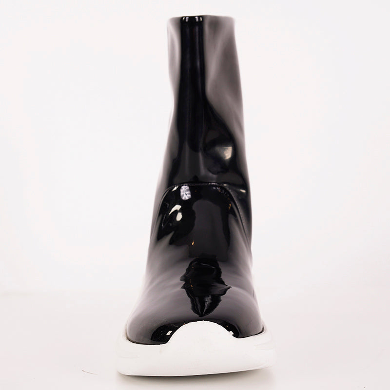 37.5 NEW $1100 MIU MIU Black Fx Patent LOGO HEEL Pull On RETRO LOGO RAIN BOOTS