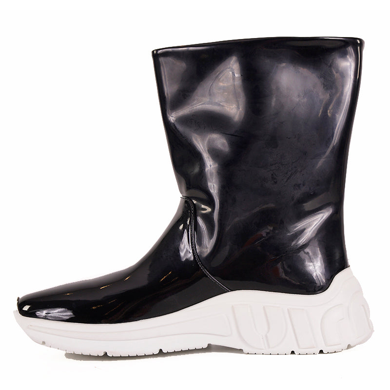37.5 NEW $1100 MIU MIU Black Fx Patent LOGO HEEL Pull On RETRO LOGO RAIN BOOTS