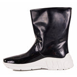 sz 37.5 NEW $650 MIU MIU Black Faux Patent Leather LOGO HEEL Pull On Rain BOOTS
