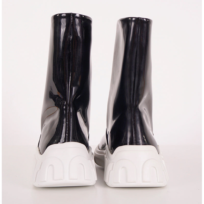 37.5 NEW $1100 MIU MIU Black Fx Patent LOGO HEEL Pull On RETRO LOGO RAIN BOOTS