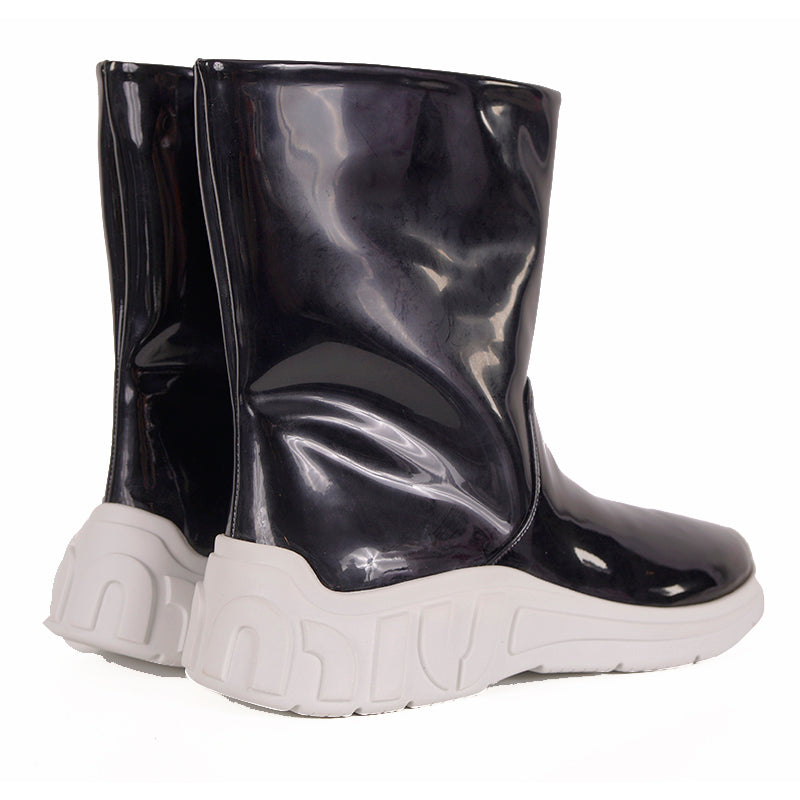37.5 NEW $1100 MIU MIU Black Fx Patent LOGO HEEL Pull On RETRO LOGO RAIN BOOTS