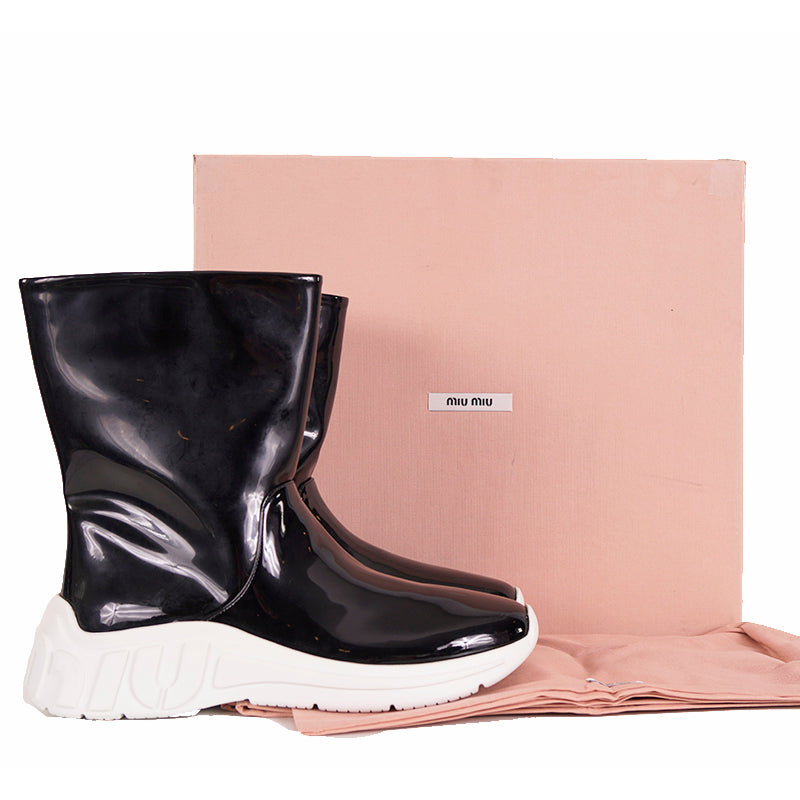 37.5 NEW $1100 MIU MIU Black Fx Patent LOGO HEEL Pull On RETRO LOGO RAIN BOOTS