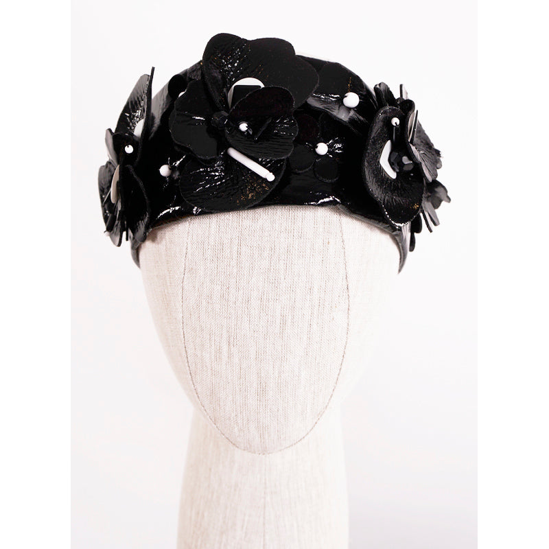 NEW $670 MIU MIU RUNWAY Black Patent Polyester Embellished FLOWER Retro HEADBAND