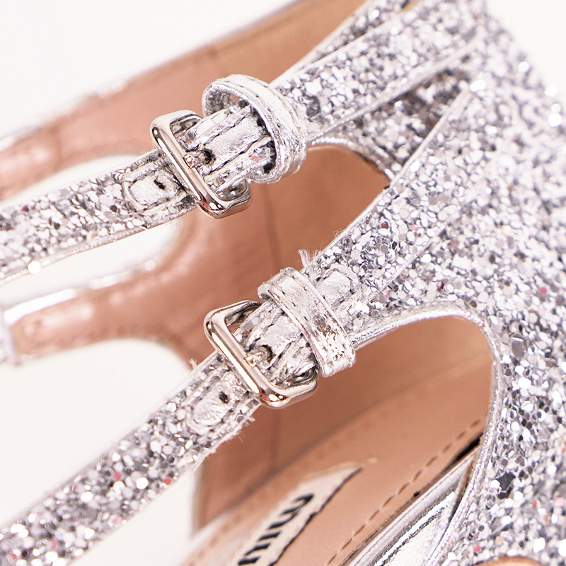 39.5 NEW $850 MIU MIU Silver GLITTER 15 HIGH HEEL SANDALS