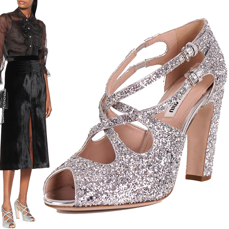 39.5 NEW $850 MIU MIU Silver GLITTER 15 HIGH HEEL SANDALS
