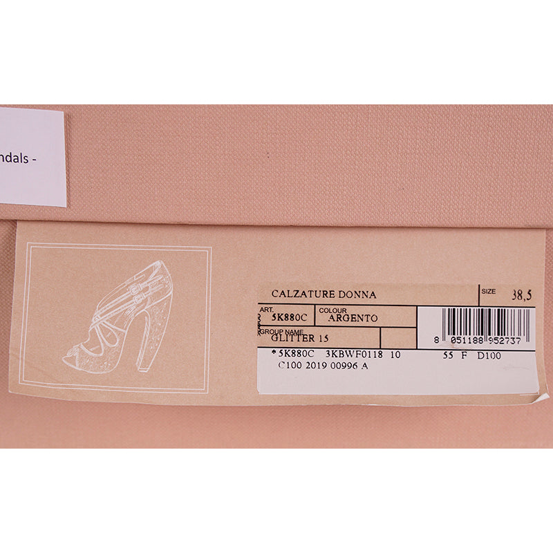 39.5 NEW $850 MIU MIU Silver GLITTER 15 HIGH HEEL SANDALS