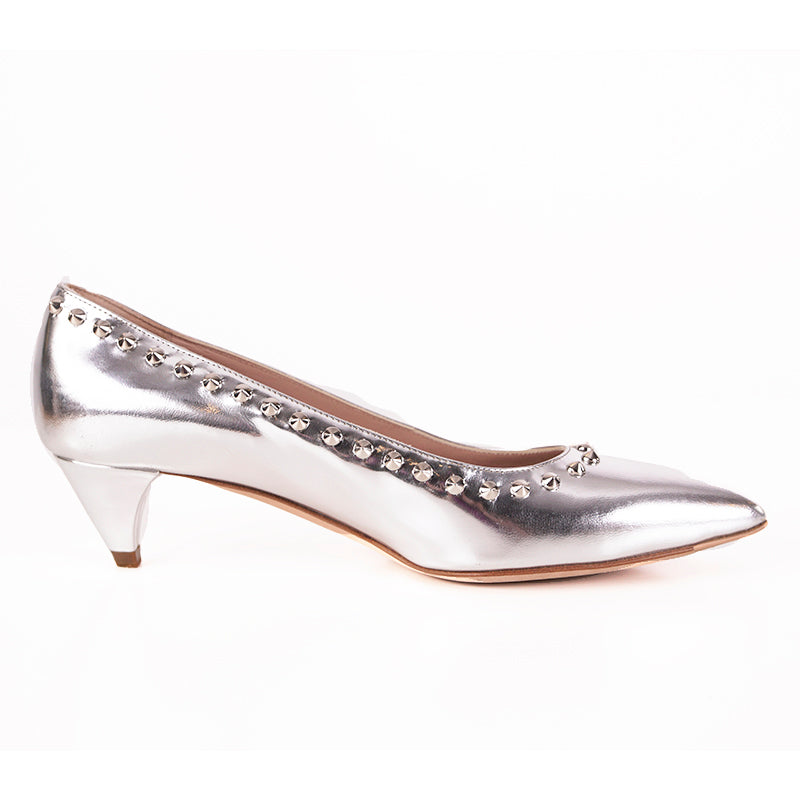 36.5 NEW $1k MIU MIU Silver Glazed Leather SPIKE STUDDED Point Toe KITTEN HEELS