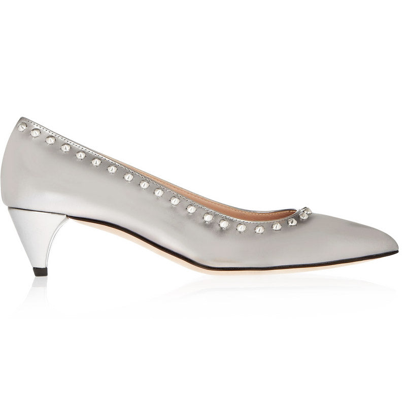 36.5 NEW $1k MIU MIU Silver Glazed Leather SPIKE STUDDED Point Toe KITTEN HEELS