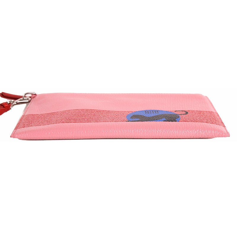 NEW $595 MIU MIU Pink Pebble Leather Madras BLACK CAT LOGO Graphic WRISTLET BAG