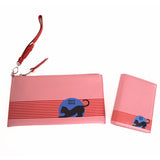 NEW $595 MIU MIU Pink Pebble Leather Madras BLACK CAT LOGO Graphic WRISTLET BAG