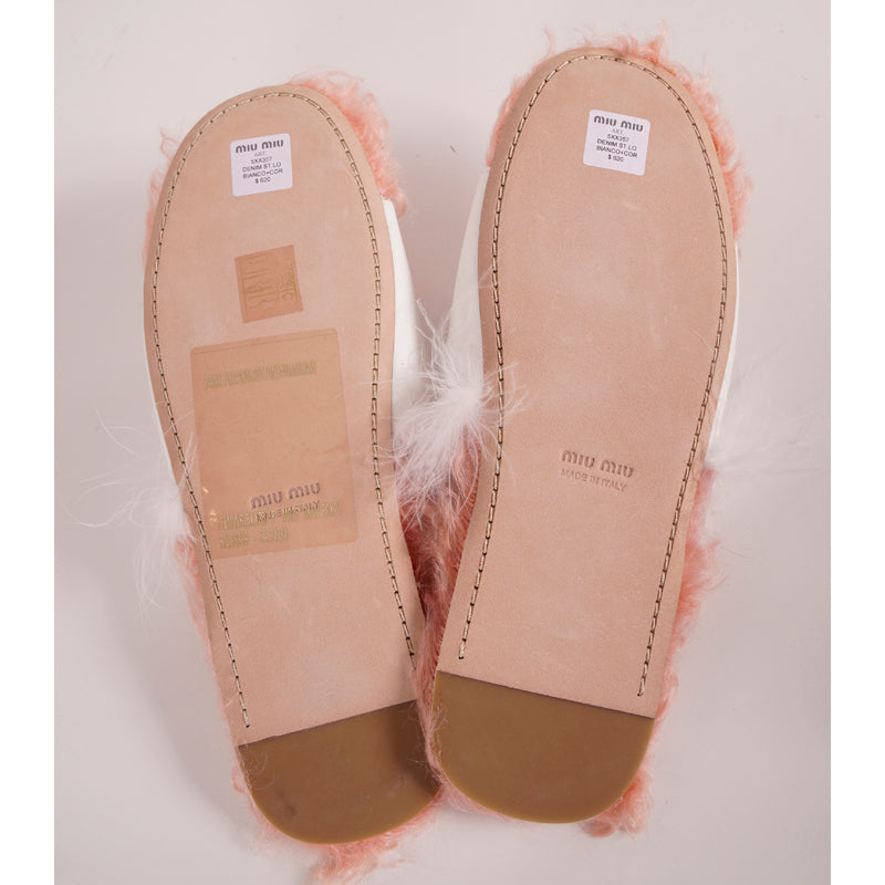 37 38 & 39 NEW $875 MIU MIU White Denim CLUB HOTEL REGINA Faux Shearling Fur SANDALS NIB