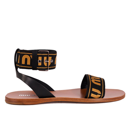 39.5 NEW $890 MIU MIU Black w Yellow Jacquard Fabric Logo Ankle Strap Flat SANDALS