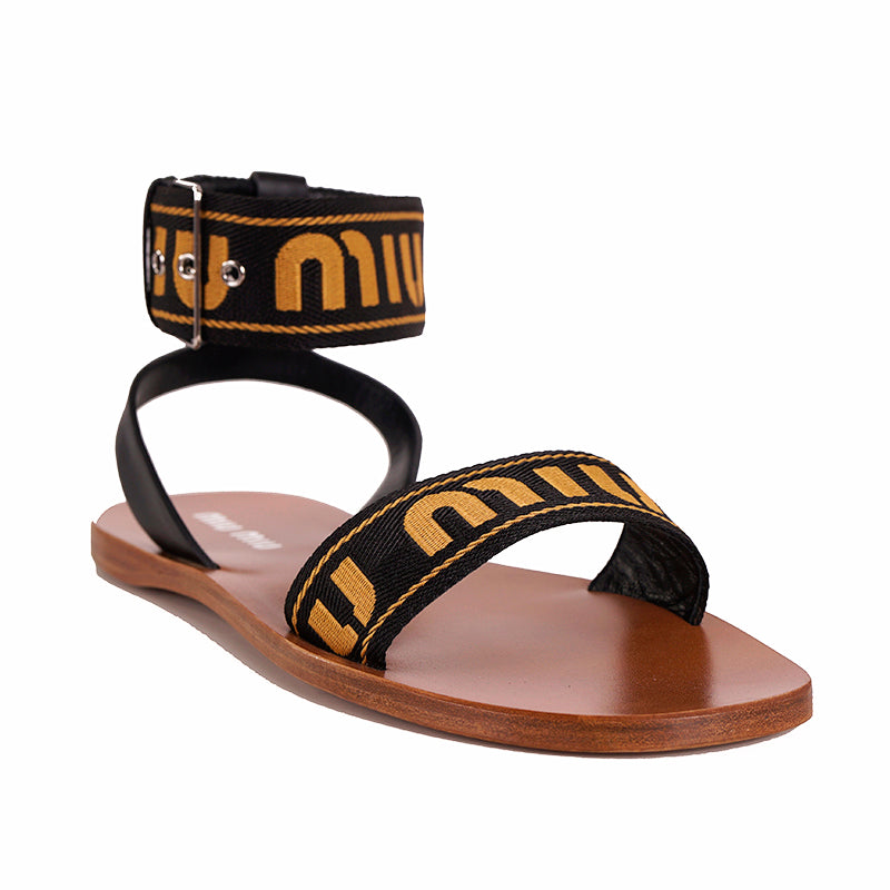 39 & 39.5 NEW $890 MIU MIU Black w Yellow Jacquard Fabric Logo Ankle Strap Flat SANDALS