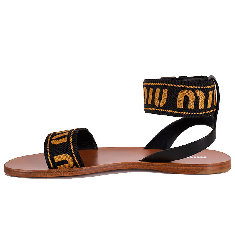 39.5 NEW $890 MIU MIU Black w Yellow Jacquard Fabric Logo Ankle Strap Flat SANDALS