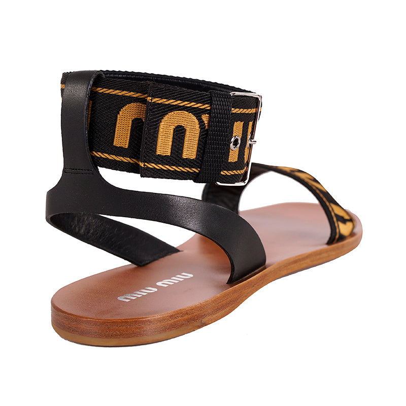 39.5 NEW $890 MIU MIU Black w Yellow Jacquard Fabric Logo Ankle Strap Flat SANDALS