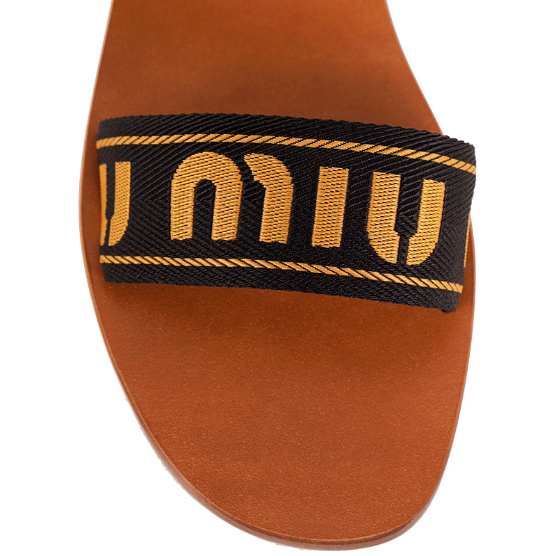 39.5 NEW $890 MIU MIU Black w Yellow Jacquard Fabric Logo Ankle Strap Flat SANDALS