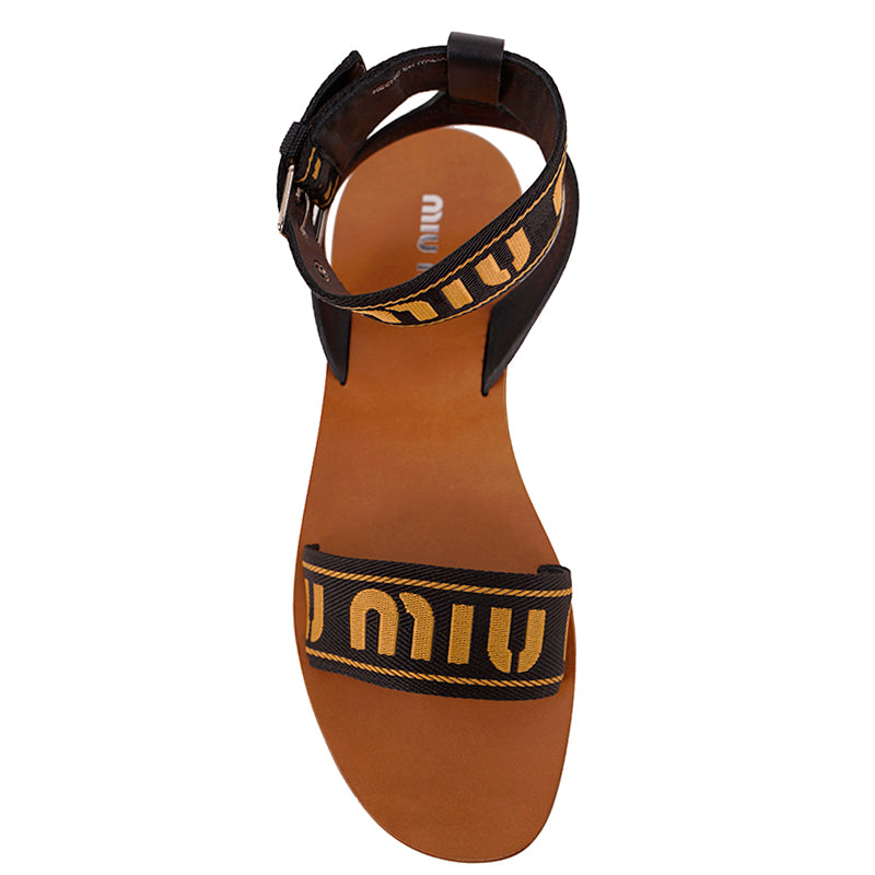 39.5 NEW $890 MIU MIU Black w Yellow Jacquard Fabric Logo Ankle Strap Flat SANDALS