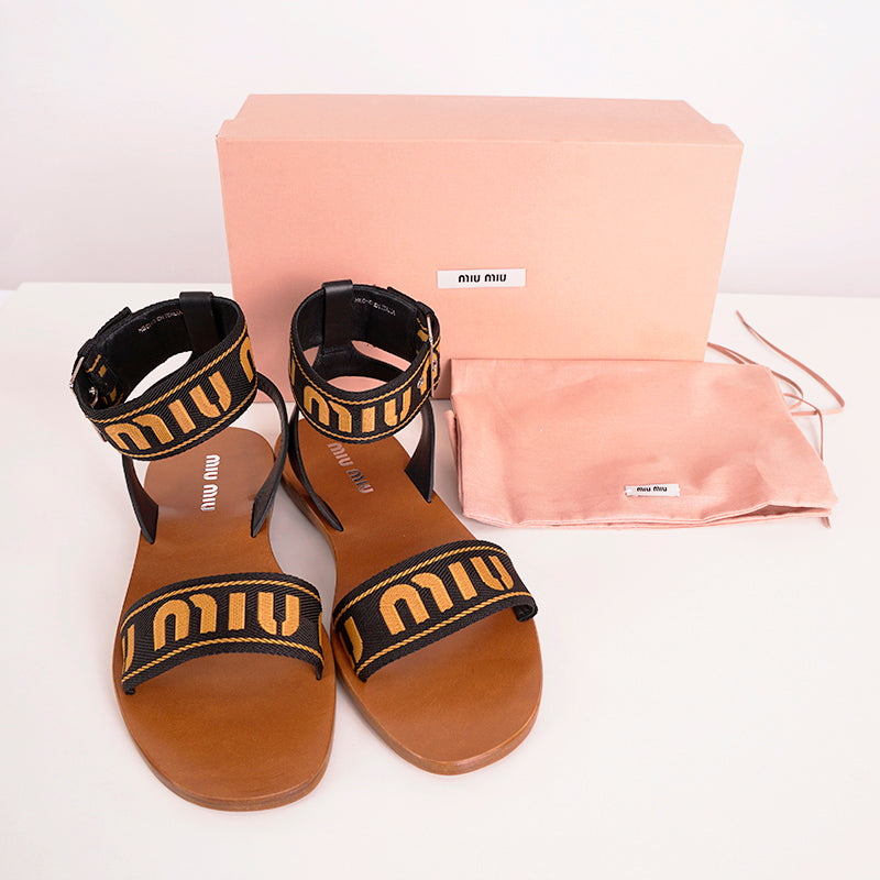 39.5 NEW $890 MIU MIU Black w Yellow Jacquard Fabric Logo Ankle Strap Flat SANDALS