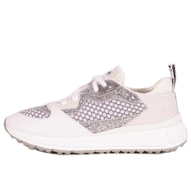 37 NEW $925 MIU MIU Woman's White Suede GLITTER Logo Heel Sporty TREK SNEAKERS 7