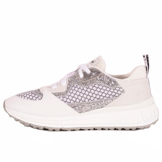 37 NEW $925 MIU MIU Woman's White Suede GLITTER Logo Heel Sporty TREK SNEAKERS 7