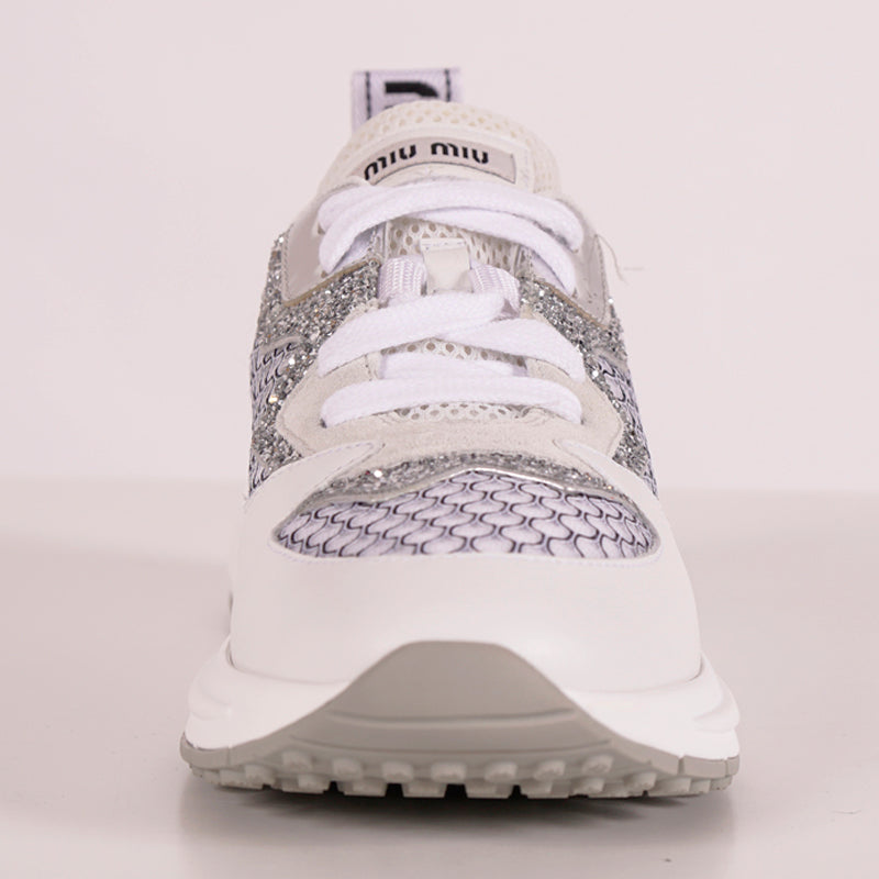 37 NEW $925 MIU MIU Woman's White Suede GLITTER Logo Heel Sporty TREK SNEAKERS 7