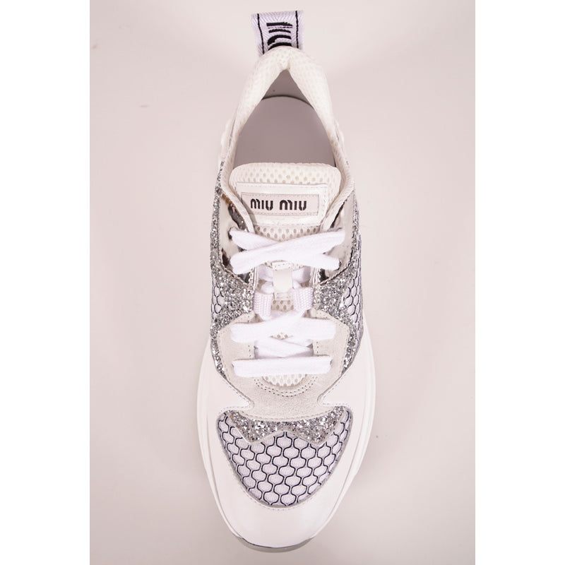 37 NEW $925 MIU MIU Woman's White Suede GLITTER Logo Heel Sporty TREK SNEAKERS 7