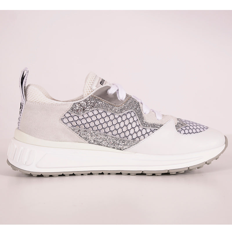 37 NEW $925 MIU MIU Woman's White Suede GLITTER Logo Heel Sporty TREK SNEAKERS 7