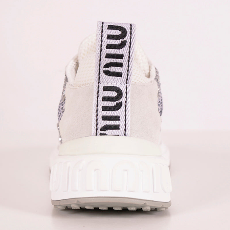 37 NEW $925 MIU MIU Woman's White Suede GLITTER Logo Heel Sporty TREK SNEAKERS 7