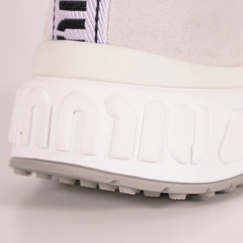 37 NEW $925 MIU MIU Woman's White Suede GLITTER Logo Heel Sporty TREK SNEAKERS 7