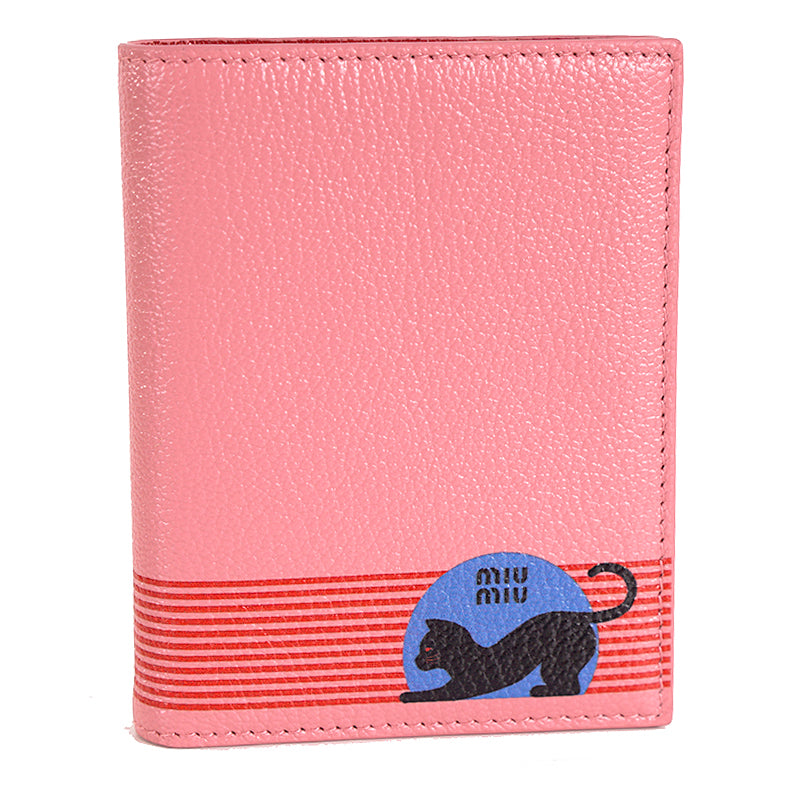 NEW $490 MIU MIU Pink Pebble Leather Madras BLACK CAT LOGO Graphic Bifold WALLET