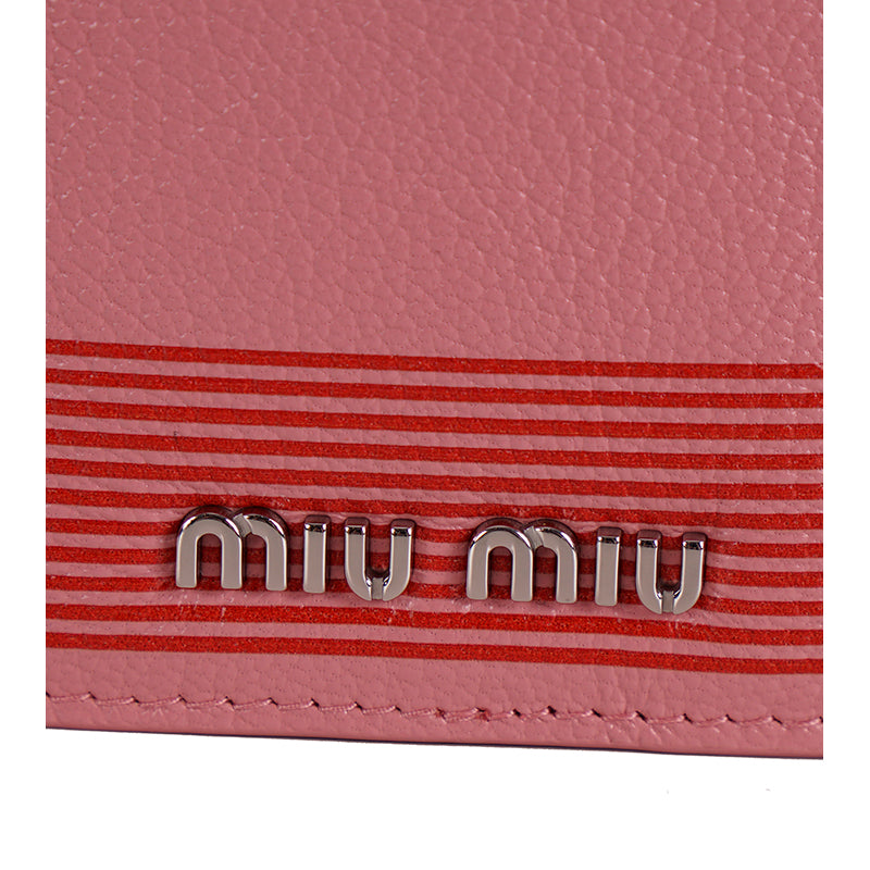 NEW $490 MIU MIU Pink Pebble Leather Madras BLACK CAT LOGO Graphic Bifold WALLET