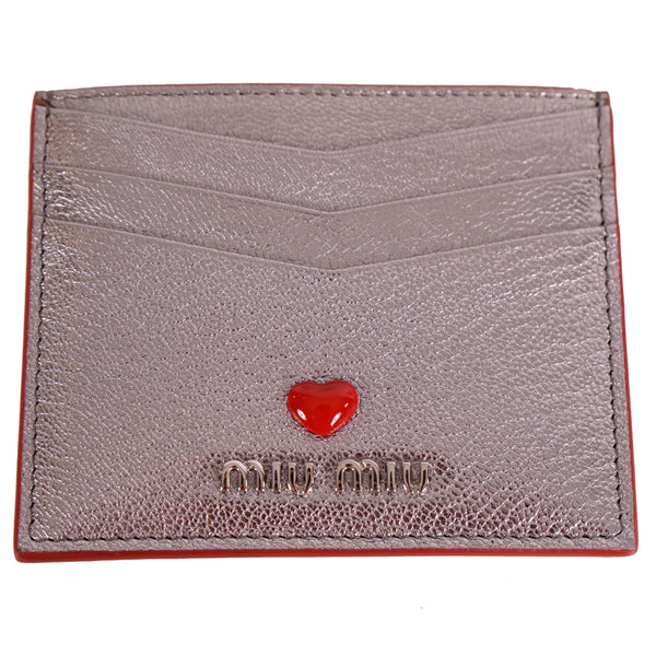 NEW $420 MIU MIU Metallic Silver Leather MADRAS LOVE HEART Wallet CARD CASE NIB