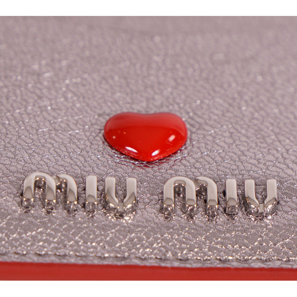 NEW $420 MIU MIU Metallic Silver Leather MADRAS LOVE HEART Wallet CARD CASE NIB