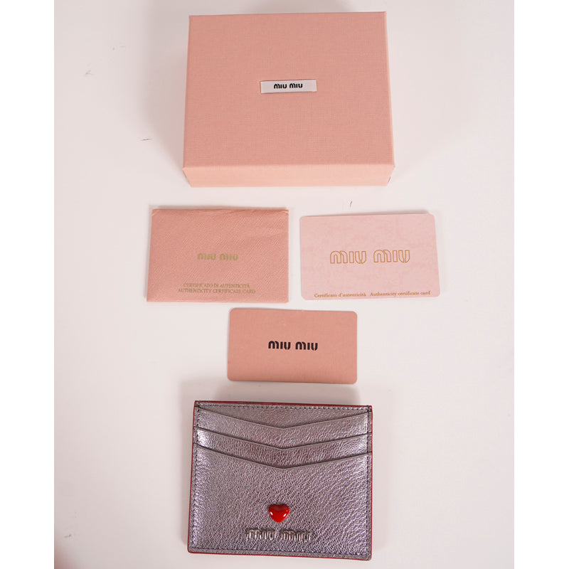 NEW $420 MIU MIU Metallic Silver Leather MADRAS LOVE HEART